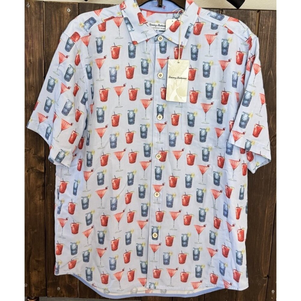 Tommy Bahama Mens MEDIUM Coconut Point Cheers Red White Blue Cocktail Shirt NEW